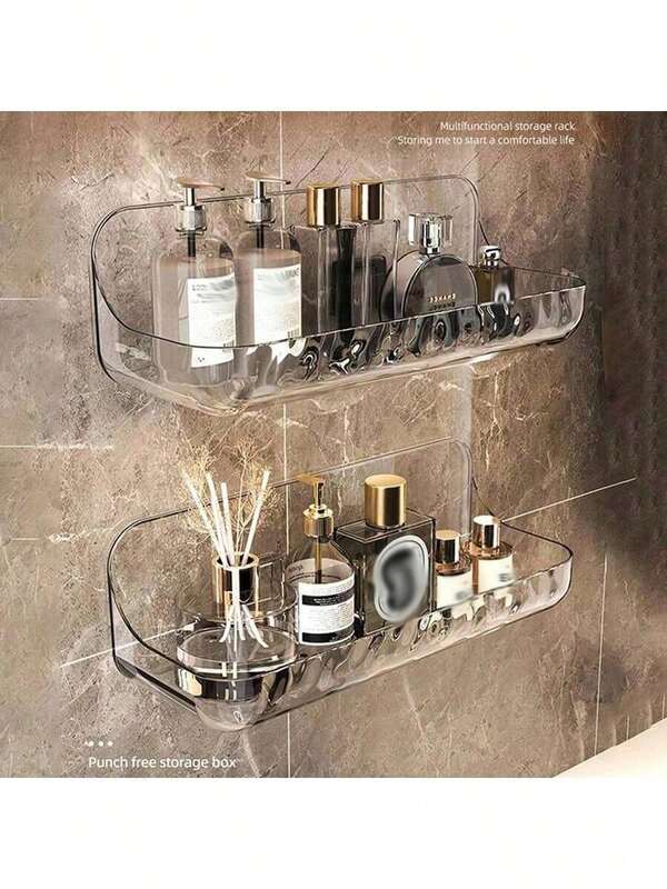 1 peça de suporte de armazenamento transparente para banheiro, para lavagem de banheiro sem perfuração, suporte de parede para drenagem, cosméticos, diversos, caixa de armazenamento, suporte de banheiro sem perfuração, armazenamento e drenagem de produtos para cuidados com a pele montados na parede
