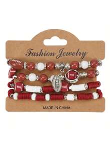 4Pcs/Set Bohemian Sports-Themed Polymer Clay Bracelet Featuring Elements Of Rugby Basketball Soccer Baseball And Volleyball For Women's And Men's Daily Wear Holiday