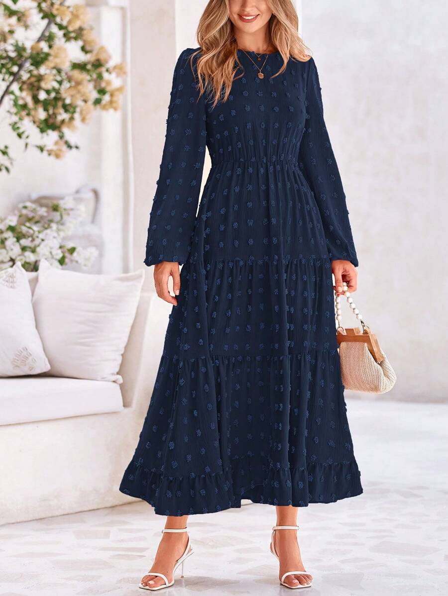 Women's Fall And Spring Elegant Long Sleeve Long Dress Swiss Polka Dot A Elegant Casual Holiday Wedding Party Going Out Dress - 藏藍 - 查看 1