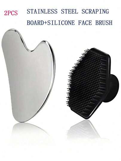 مجموعة من قطعتين: لوح قلب من الفولاذ المقاوم للصدأ أسمك لجمال الوجه، وعصا ضغط النقاط على العين للتدليك العضلي + فرشاة تنظيف الوجه من السيليكون، منتجات العناية بالبشرة، منتجات العناية بالبشرة، منتجات العناية بالبشرة، أدوات العناية بالبشرة، أدوات تدليك الوجه، أدوات تدليك الوجه