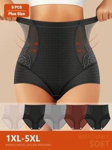 MEIYATING 5pcs Plus Size Women High Waist Leak Proof Lace Trim Triangle Panties, Breathable Mesh Summer Underwear - Multicolor - View 2