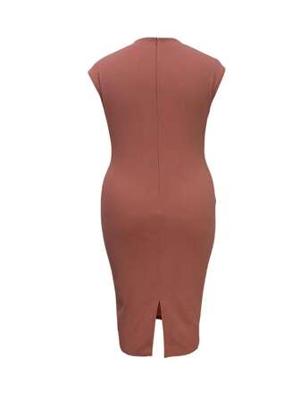 Plusstorlek damklänning med enfärgad mandarinkrage, kortärmad, knappdesign och åtsittande elegant design, jul