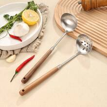 304 不锈钢 5 件套厨房用具套装，带胡桃木手柄 - 方形铲子、圆形铲子、蘑菇铲子、汤勺、滤网 - 銀色 - 查看 5