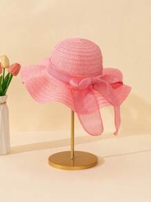 1 件男女通用幼儿亚麻面料蝴蝶结装饰简约休闲波浪风格草编太阳帽，适合夏季外出、日常生活防晒、沙滩度假装、儿童节礼物、婚礼季节服装