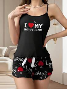 Pijamale pentru cupluri, set de pantaloni scurti și top cu bretele subțiri pentru femei de vară cu imprimeu cu litere "I Love My Boyfriend", îmbrăcăminte romantică pentru acasă