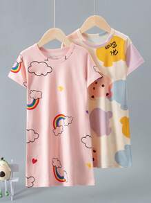 2pcs/Set Girls Cute Cartoon Bear Print Nightgown, Summer Thin Pajamas Dress - Beige - View 1