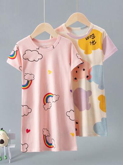 2pcs/Set Girls Cute Cartoon Bear Print Nightgown, Summer Thin Pajamas Dress