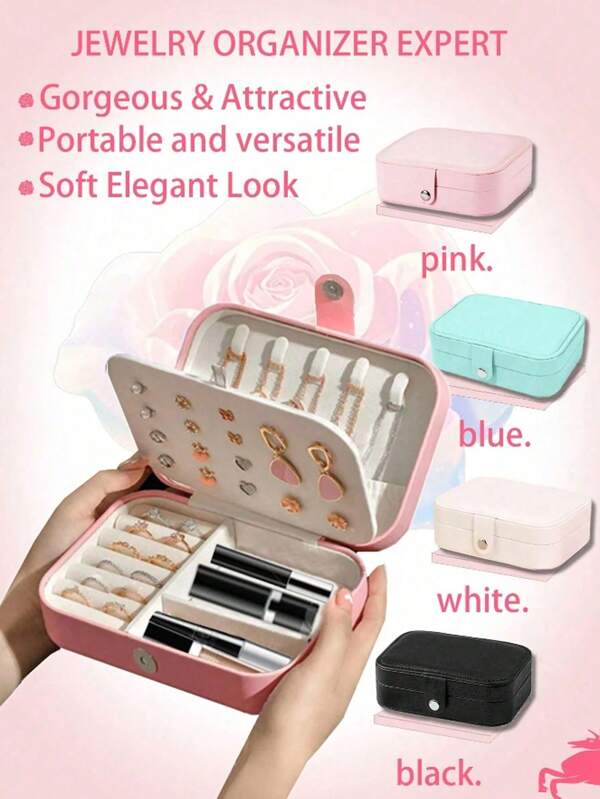 1pc Portable Travel Jewelry Box, Fashion Zipper Jewelry Case, Mini Ring Box, Waterproof PU Leather Storage Bag, Jewelry Organizer And Container With Velvet Lining For Rings, Earrings, Pendants, Necklaces, Bracelets, Watches, Lipsticks, Contact Lenses, Very Suitable For A Gift For Parents Summer Travel, Vacation Home Bathroom Decor Holiday Makeup Organizer Bathroom Accessories Back To School