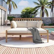 MERAX Outdoor Daybed, Patio Daybed With Four Pillows, Wooden Outdoor Bed With Curved Armrests For Poolside, Backyard, Garden (Light Teak+Beige Cushion) (Gray+Beige Cushion) - Light Teak+Beige Cushion - View 3
