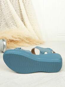 2025 New Summer Casual Platform Sandals, Metal Buckle Decor, Faux Linen Rope, Lightweight, Open Toe Elastic Strap Sandals - Blue - View 8