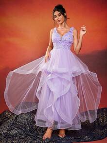 Vestido maxi elegante de unicolor con dobladillo de malla de contraste decorado para mujeres - Morado - Ver 1