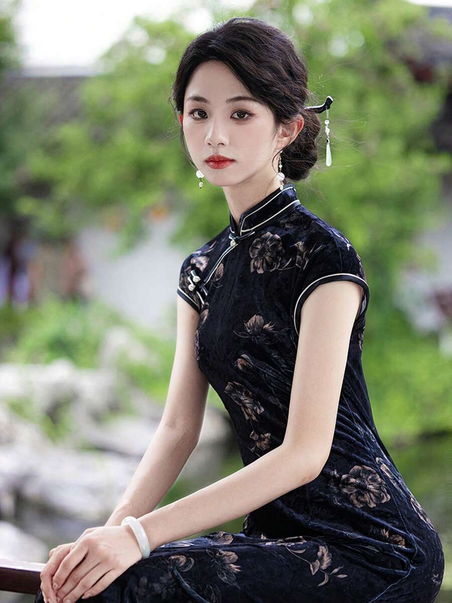 Elegant Retro Floral Print Cheongsam Collar Straight Dress - Black - View 1