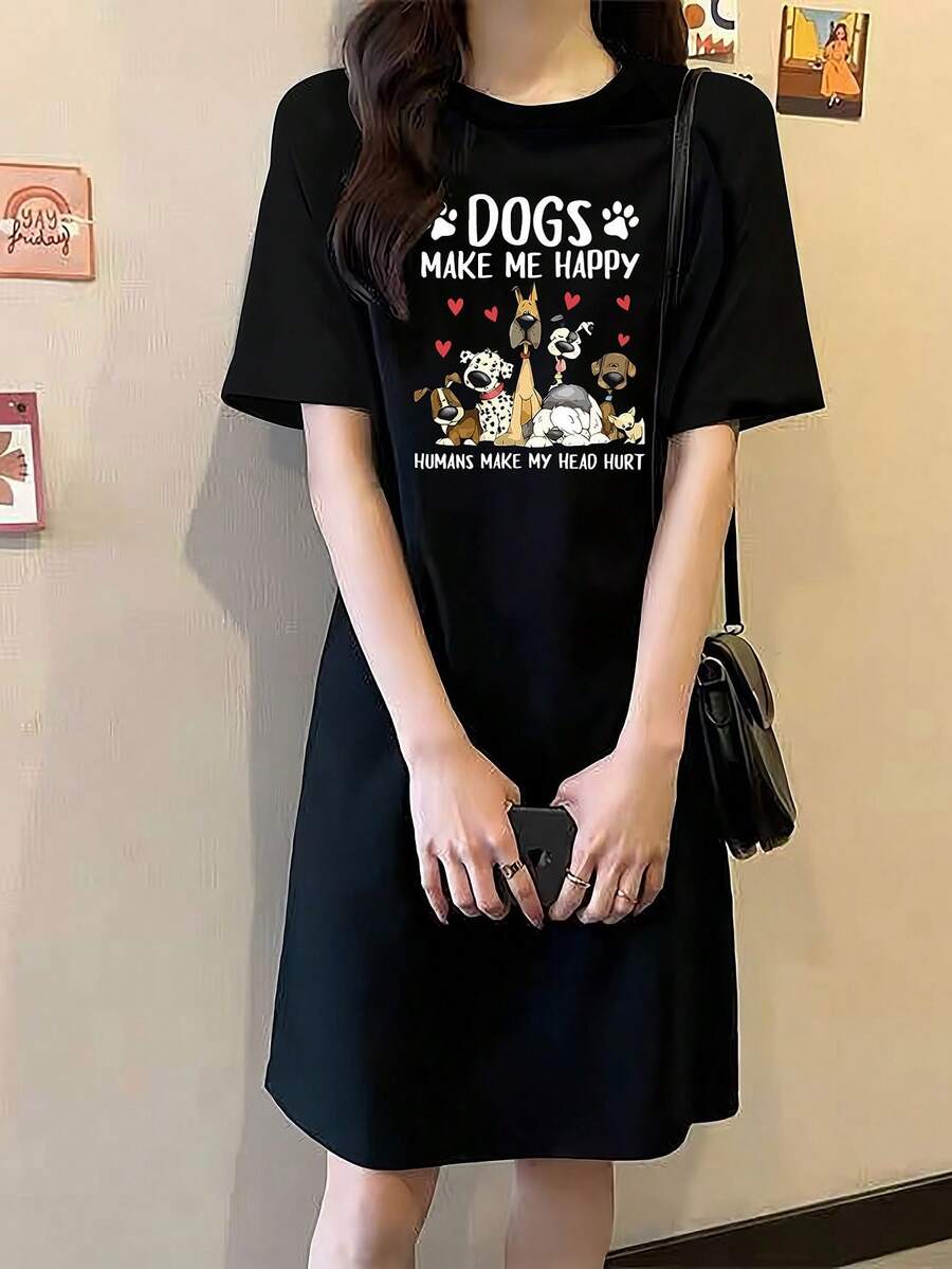 女士个性印花短袖休闲连衣裙，适合夏季穿着，舒适透气，时尚