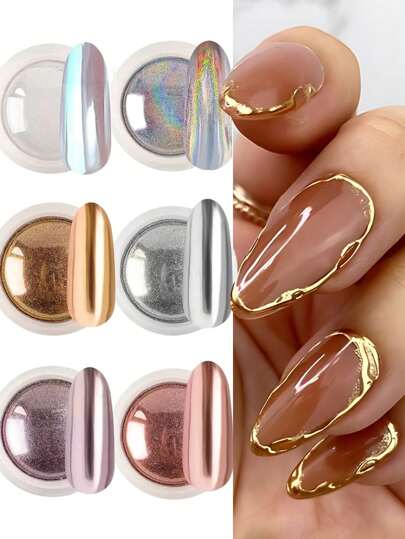 6 Jars Chrome Nail Powder, 6 Colors Holographic Chrome Effect Magic Mirror Nail Powder Nail Powder Set, Aurora Iridescent Dust Shiny Nail Glitter Powder With Magic Mirror Effect For Nail Art Design Decoration