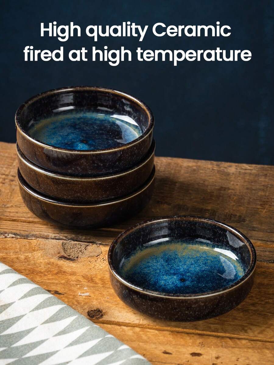 4pcs Night Sky Ceramic Dish Set, Blue Kiln Transformation, Unique Color, 3.5 Inches, Dipping Dish, Snack Dish, Seasoning Dish, Side Dish, Suitable For Home, Restaurant, Restaurant, Banquet Hall, Multi Functional Use, Suitable For Oven, Microwave, Disinfection Cabinet, Dishwasher Safety, Stackable Storage, Save Cross Border