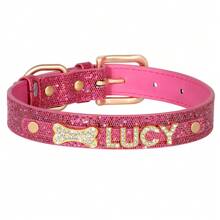 Individuell gestaltetes glitzerndes Strass-Buchstaben Design Haustierhalsband, verstellbares Leder-Identifikations-Hundehalsband für kleine bis mittlere Hunde, Anti-Verlust