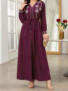 Womens Caftan Dress Abaya Robe Long Sleeve V Neck Graphic Print Zip Up Loose Kaftan Dress - Purple - View 3