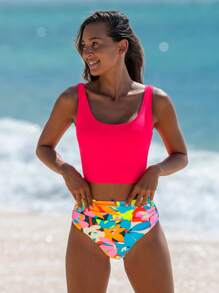 popvil Summer Vacation Floral Printed Back Strappy Tie Tankini Set - Red - View 1