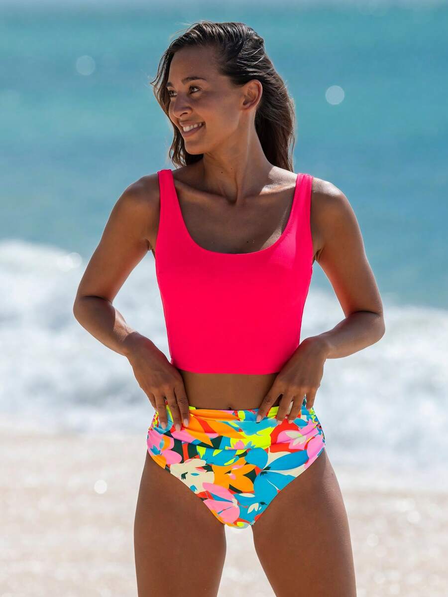 popvil Summer Vacation Floral Printed Back Strappy Tie Tankini Set - Red - View 1