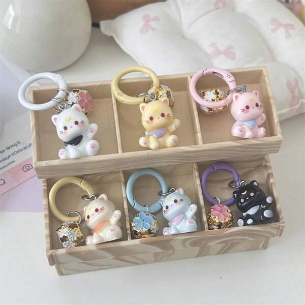 [6pcs/Pack] New 3D Cat Cartoon Bell Key Chain Cute Backpack Pendant Ornament Gift For Girls, Friendship Gift Car Accessories Bag Charm School Goth Y2k