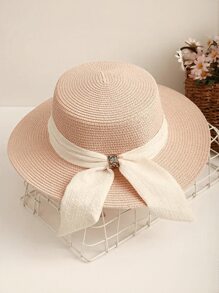 1pc Women's Wide Brim Flat Top Hat With Bowknot Decor, White Color Sun Hat Beach Hat - Hat - View 13