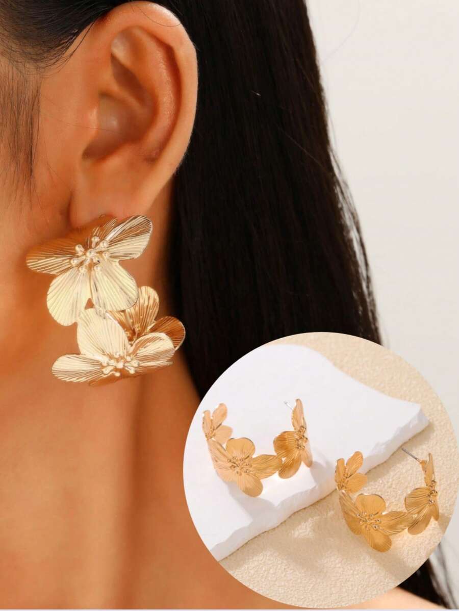 1 对时尚创意金属花卉包裹 C 形环状耳环，适合所有季节