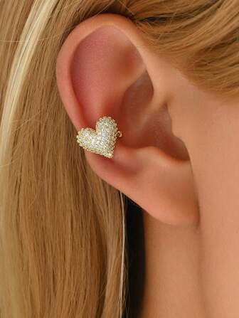 1pc Micro Pave Zirconia 3D Heart Ear Clip, No Piercing Required, Minimalist, Chic, Versatile, New European & American Retro Style Earring Accessories