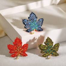 1pc Maple Leaf Alloy Brooches - Ombre Blue/Red/Green Rhinestones On Golden Plated Base, Women's Autumn-Inspired Accessory Set