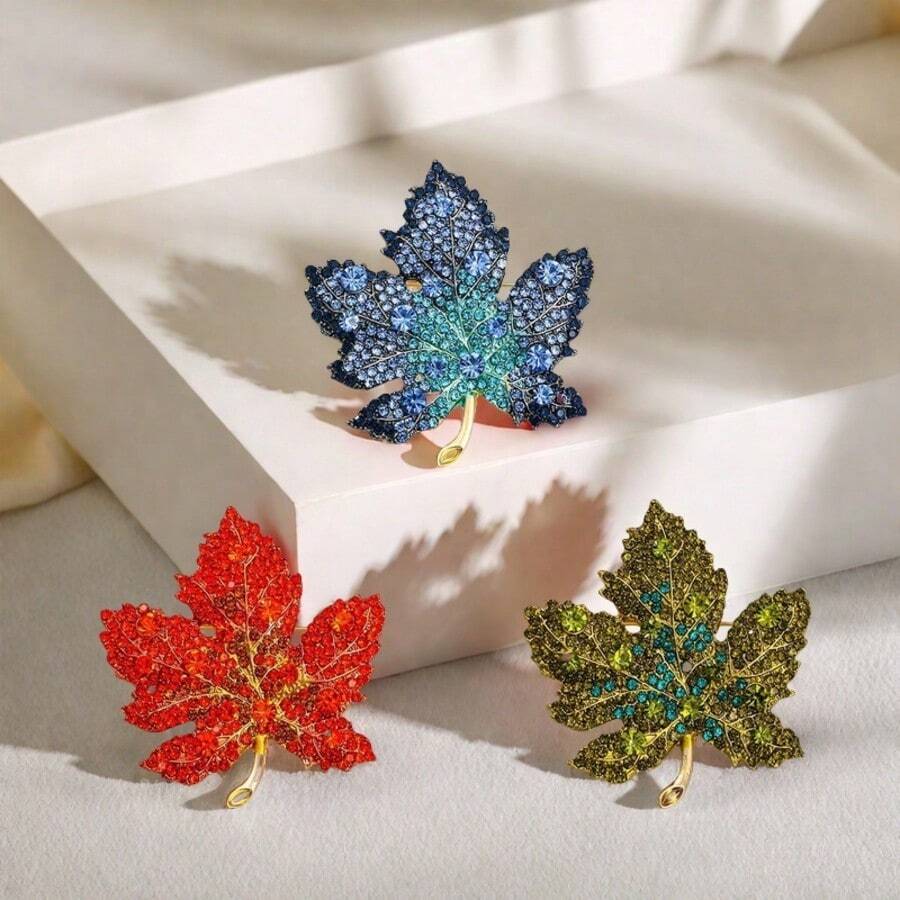 1pc Maple Leaf Alloy Brooches - Ombre Blue/Red/Green Rhinestones On Golden Plated Base, Women's Autumn-Inspired Accessory Set