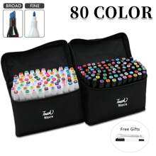 80 色永久性艺术马克笔双头马克笔宽头黑色动画设计用于绘画着色带黑色袋子回到学校