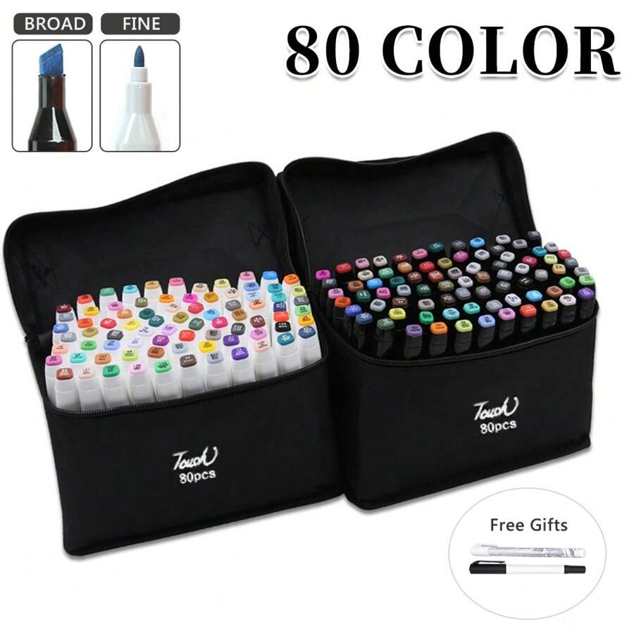 80 色永久性艺术马克笔双头马克笔宽头黑色动画设计用于绘画着色带黑色袋子回到学校