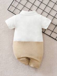 Yierying Bộ đồ liền thân thoải mái tay ngắn cổ bẻ nơ dễ thương cho bé trai phong cách quý ông - Màu Khaki - Xem 2
