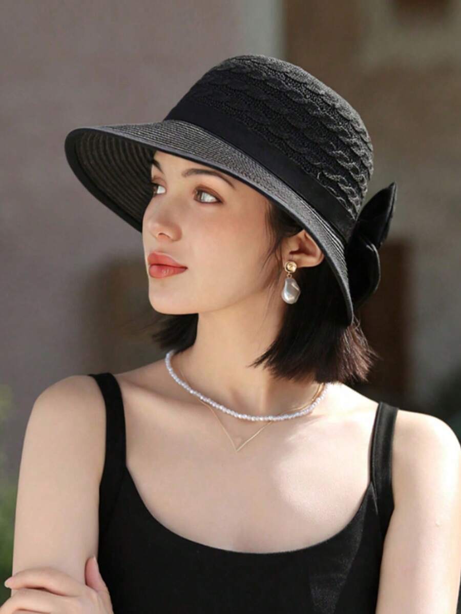 1 件女士夏季太阳帽，宽边，时尚蝴蝶结装饰，简单百搭，适合夏季防晒