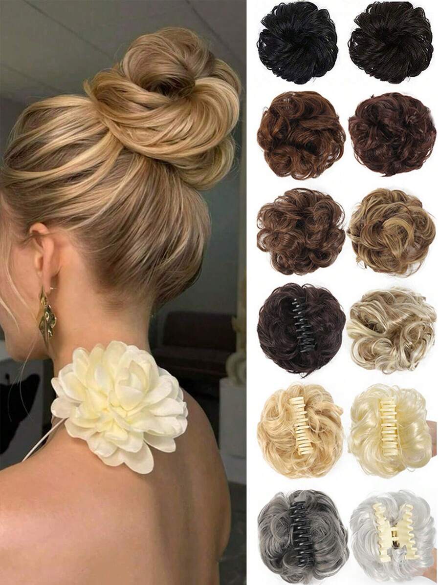 Synthetic Chignon Messy Bun Claw Clip In Hair Piece Wavy Curly Hair Bun Ponytail Extensions Scrunchie Hairpieces For Women