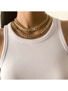 2 Pcs Chunky Chain Necklace Inlaid Shiny Rhinestone Adjustable Hip Hop Style Punk Necklace Set - Chain - View 1