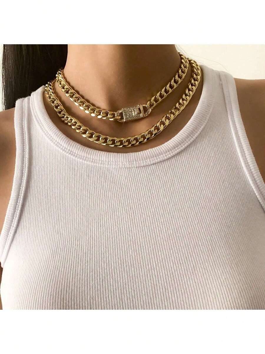 2 Pcs Chunky Chain Necklace Inlaid Shiny Rhinestone Adjustable Hip Hop Style Punk Necklace Set - Chain - View 1