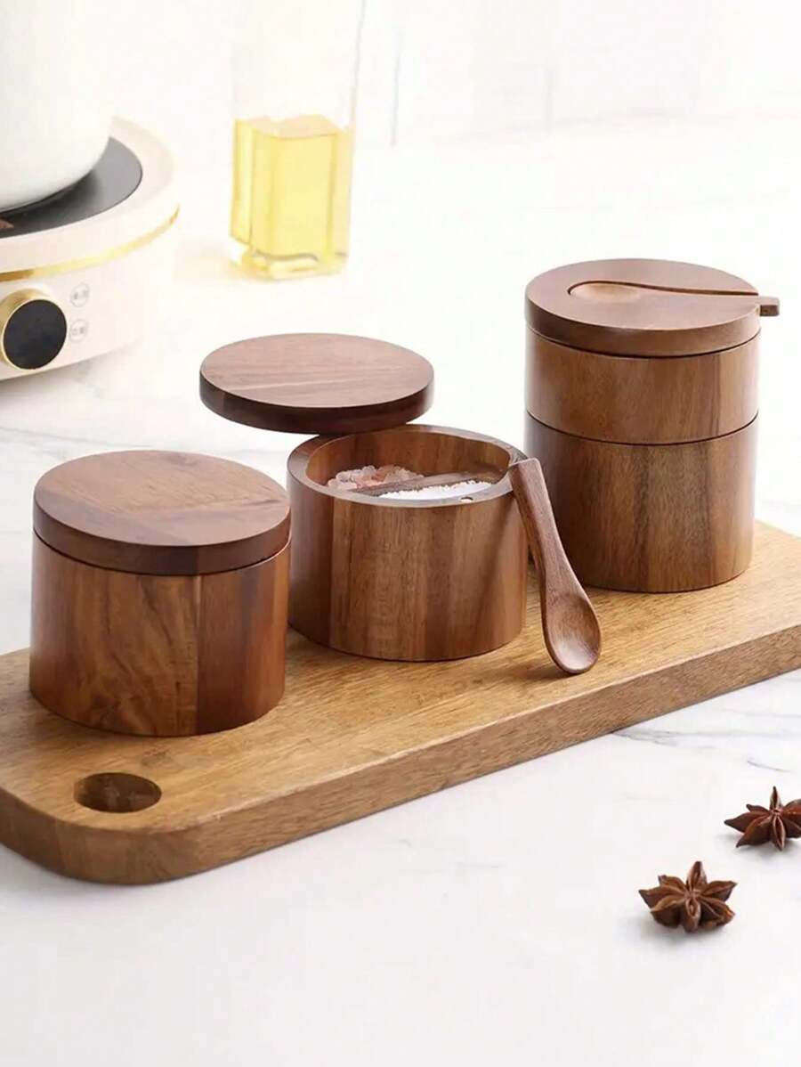 1 pieza Salero y pimentero de madera con cuchara - Estilo país almacenamiento de especias y condimentos para la cocina - color madera - Ver 1