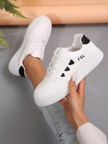 春秋季新款白色休闲运动鞋，时尚百搭简约轻便透气圆头平底防滑系带女式户外运动鞋 - 白色 - 查看 1