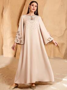 Solessence Váy dài kiểu Ả Rập đính hạt trang trí hoa 3D thủ công cho nữ - Màu be - Xem 6