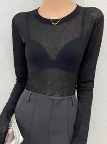 Women's Sheer Long Sleeve T-Shirt - Elegant Stretchy Polyester Tops With Lace Detail, Fitted Crew Neck Casual & Formal Lightweight Shirts, Suitable For Spring Summer, Casual & Chic Top | Crew Neck Top | Stretchy Fabric