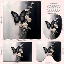 4 Stücke Badezimmer Set im Schmetterling Rose Motiv, inklusive Duschvorhang, Badematte, U-förmiger Toilettendeckel, Toilettenabdeckung, wasserdichter Duschvorhang, modischer Vorhang für Badezimmerdekoration, moderne Badezimmer Trennwand Vorhang, ohne Bohren, aus Polyester, maschinenwaschbar, Weihnachtsdekoration