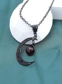 1pc Gothic Boho Style Black Floral Crescent Necklace
