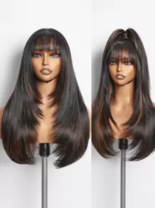 Lange braun-gesträhnte gerade Perücke für Frauen, 24 Zoll klebefrei, realistische synthetische Perücke mit Pony, hitzebeständig, natürlich geschichtet, für Mädchen Alltag, Party, Cosplay