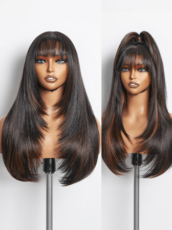 Long Highlight Brown Straight Wigs For Women 24 Inch Glueless Realistic Synthetic Wig With Bangs Heat Resistant Natural Layered Wig For Girls Daily Party Cosplay