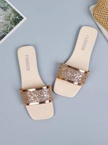 Women's Rose Gold Round Toe Slide Sandals, Casual Beach Flat Flip Flops