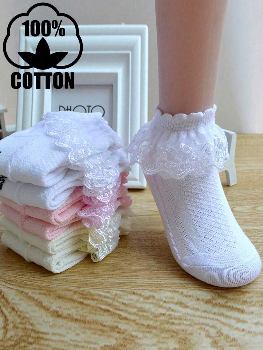 3 Pairs Children Solid Color Lace Dance Ruffle Princess Style Fashion Versatile Party Full Cotton Lace Socks - Multicolor - View 1