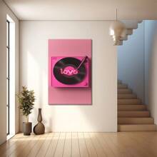 Un tourne-disque rose avec des autocollants néon. Grande peinture murale encadrée en bois, décoration d'intérieur, peinture à l'huile - Chambre, salle de bain, salon, bureau, cuisine, cadeaux de Noël - 1 pièce