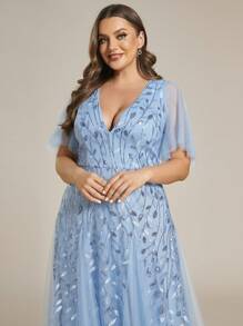 Plus Size Elegant Butterfly Sleeve Sequin Formal Dress, Prom Dinner Wedding Guest Gown For Graduation, Party Dress, Evening Dress - Blue - View 5