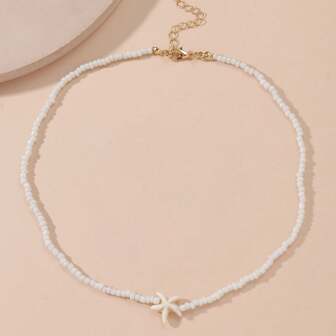 1 件绿松石海星和白色珠子项链，波西米亚风格吊坠项链，适合女士日常佩戴和海滩度假