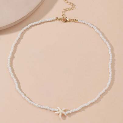 1 pieza Collar con colgante de estrella de mar de turquesa y cuentas blancas, estilo bohemio, apropiado para uso diario y vacaciones en la playa